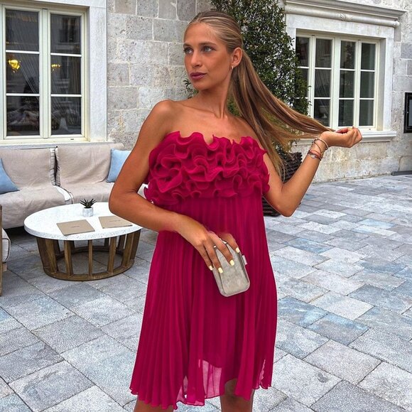 BLOGGER'S FAVE! Zara Pleated Ruffle Mini Dress Red NWT - Picture 4 of 16